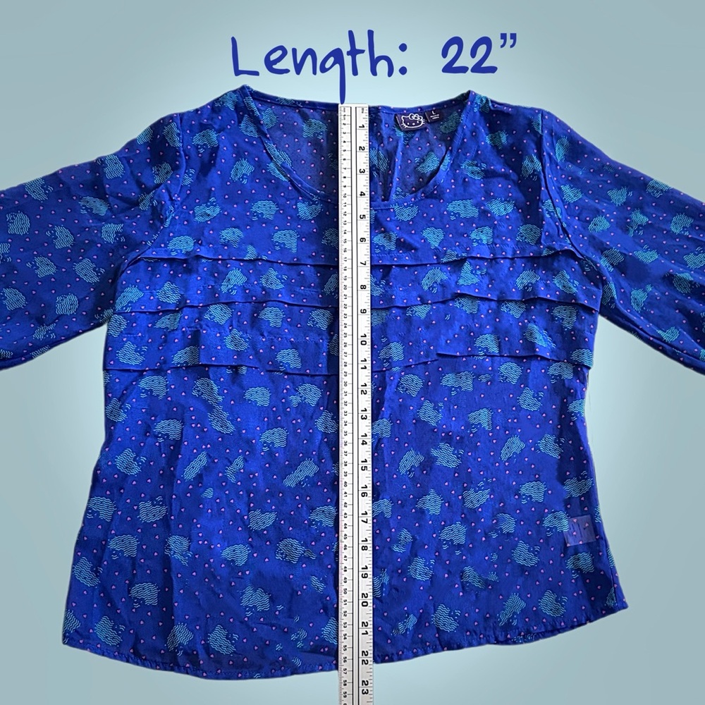 Hello Kitty Sheer Cobalt Blue Ruffle Blouse Women's L, Fits Like M, Pink‎ Hearts - Picture 5 of 10